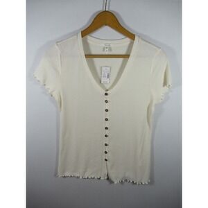 NEW Maurices Ribbed T-shirt Women Medium Ivory Short Sleeve V-Neck Scoop Neck